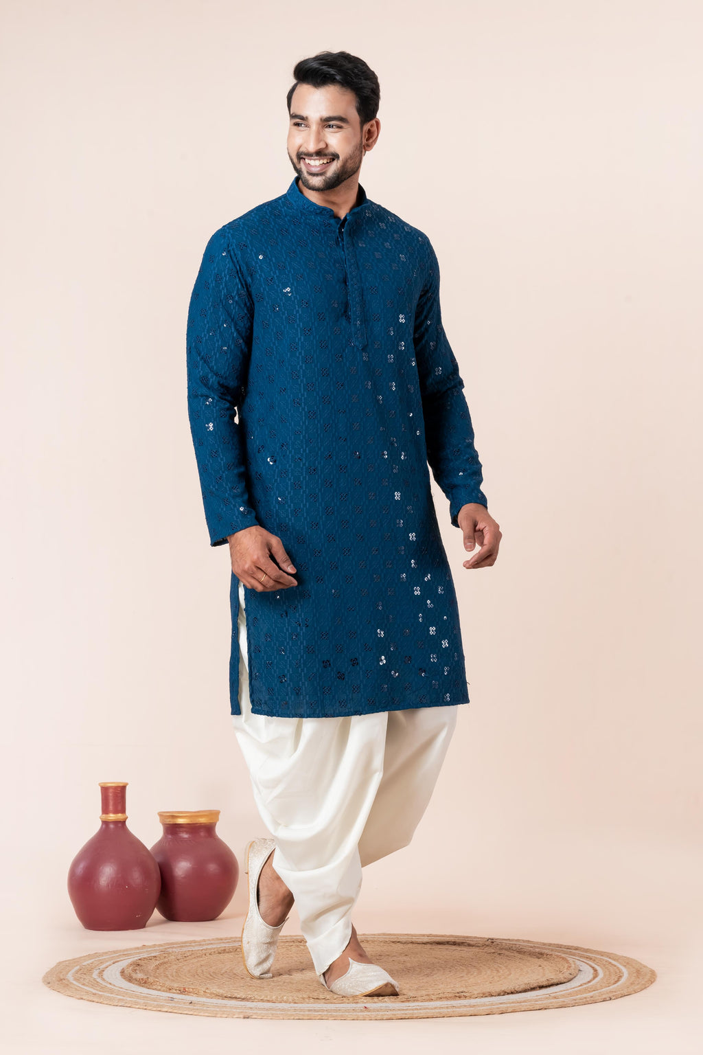 Zavaya Men Blue Embroidery Cotton Blend Kurta Dhoti Set | Grocsy