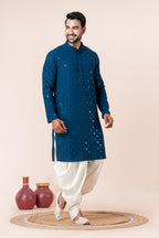 Zavaya Men Blue Embroidery Cotton Blend Kurta Dhoti Set | Grocsy