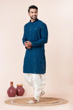 Zavaya Men Blue Embroidery Cotton Blend Kurta Dhoti Set | Grocsy