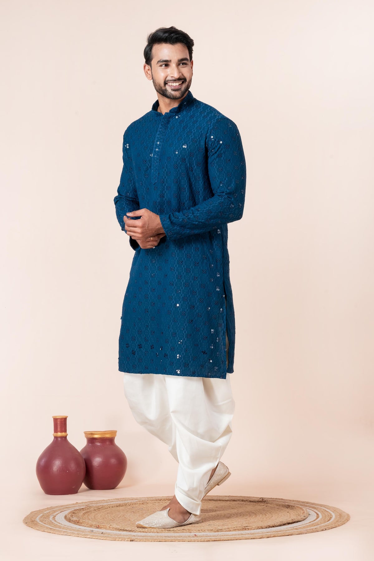 Zavaya Men Blue Embroidery Cotton Blend Kurta Dhoti Set | Grocsy
