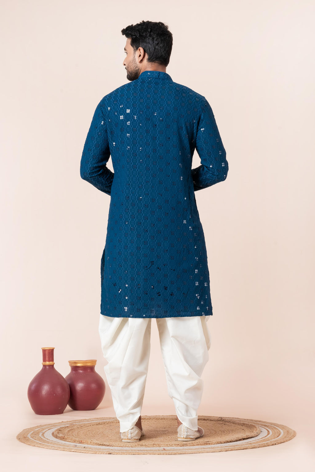 Zavaya Men Blue Embroidery Cotton Blend Kurta Dhoti Set | Grocsy