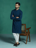 Zavaya Men Blue Embroidery Cotton Blend Kurta Pyjama Set | Grocsy