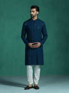 Zavaya Men Blue Embroidery Cotton Blend Kurta | Grocsy