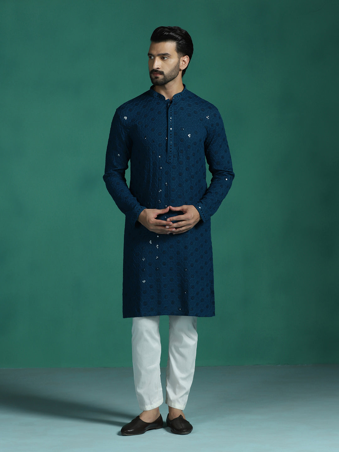 Zavaya Men Blue Embroidery Cotton Blend Kurta | Grocsy