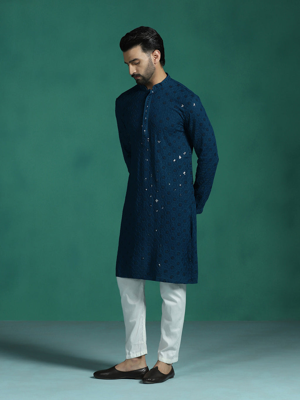 Zavaya Men Blue Embroidery Cotton Blend Kurta Pyjama Set | Grocsy