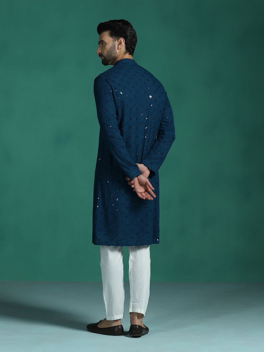 Zavaya Men Blue Embroidery Cotton Blend Kurta Pyjama Set | Grocsy
