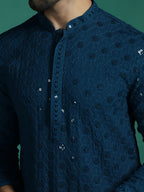 Zavaya Men Blue Embroidery Cotton Blend Kurta Pyjama Set | Grocsy