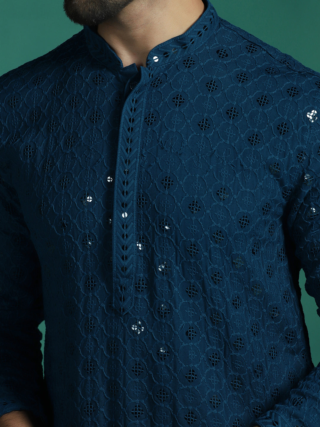 Zavaya Men Blue Embroidery Cotton Blend Kurta | Grocsy