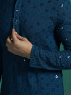 Zavaya Men Blue Embroidery Cotton Blend Kurta Pyjama Set | Grocsy
