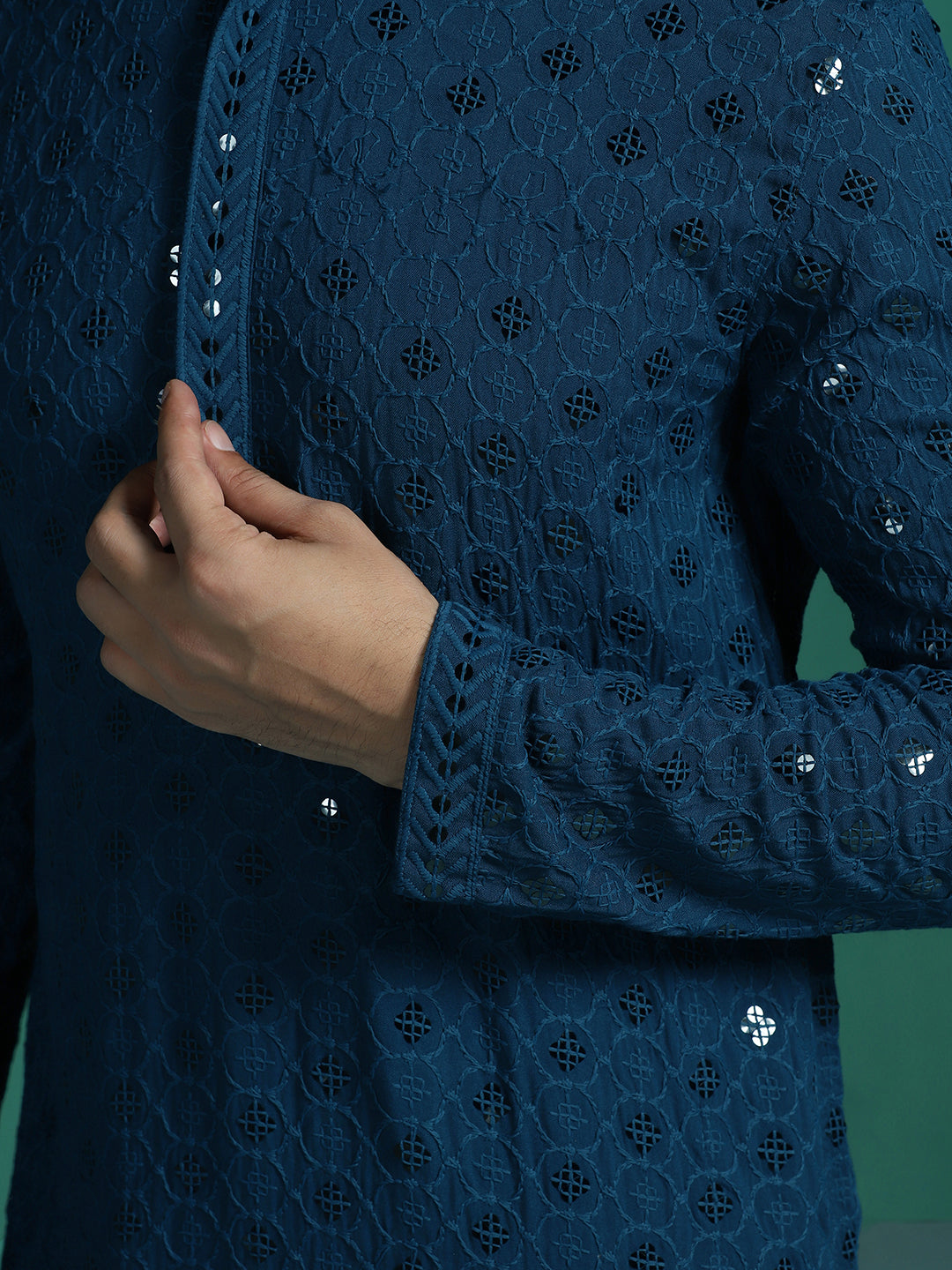 Zavaya Men Blue Embroidery Cotton Blend Kurta Pyjama Set | Grocsy