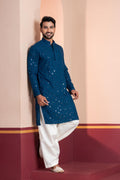 Zavaya Men Blue Embroidery Cotton Blend Kurta Patiala Set | Grocsy