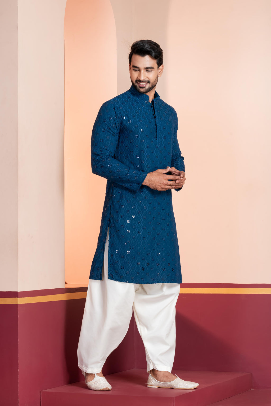 Zavaya Men Blue Embroidery Cotton Blend Kurta Patiala Set | Grocsy