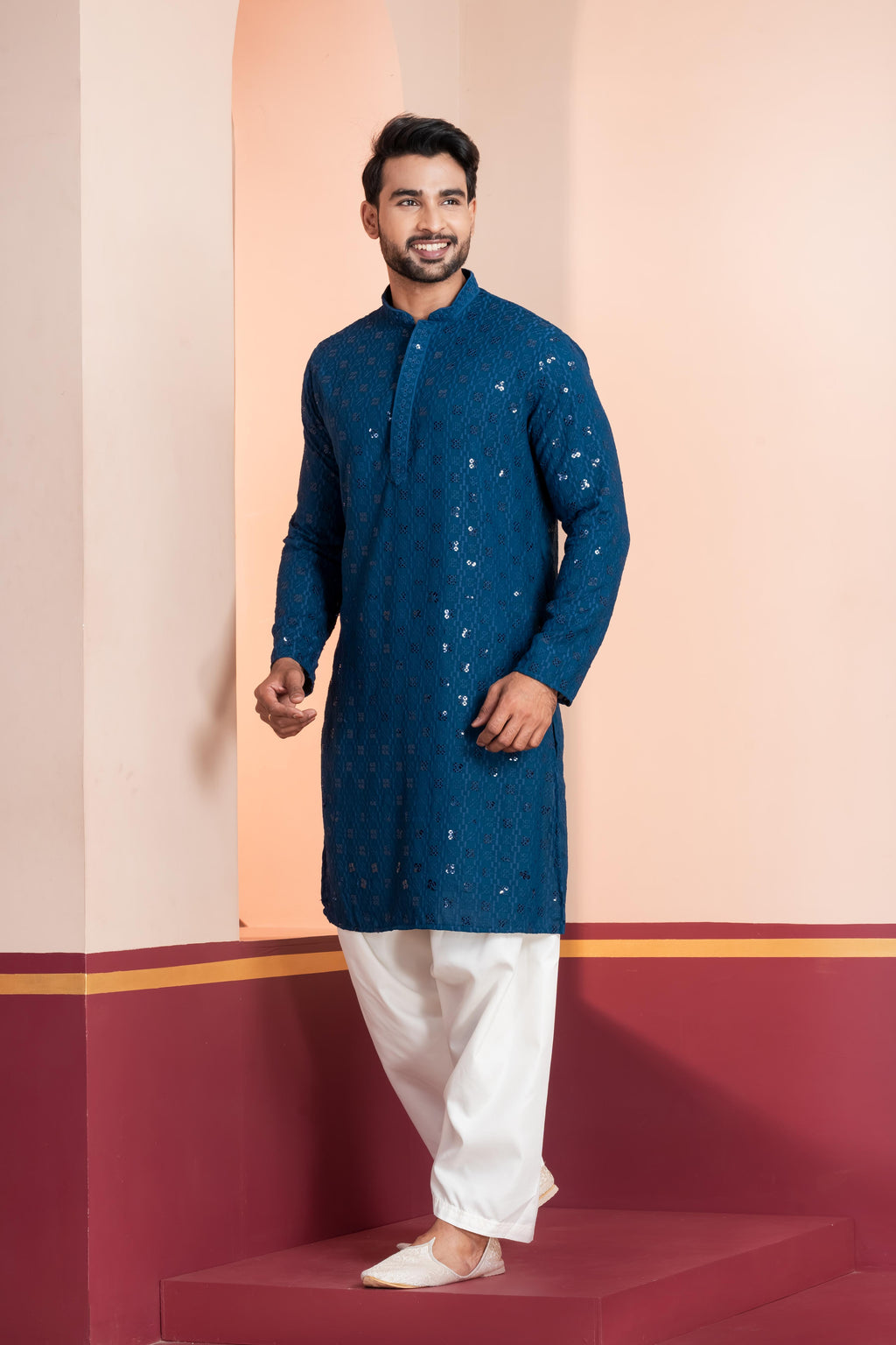 Zavaya Men Blue Embroidery Cotton Blend Kurta Patiala Set | Grocsy
