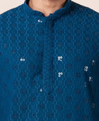 Zavaya Men Blue Embroidery Cotton Blend Kurta Patiala Set | Grocsy