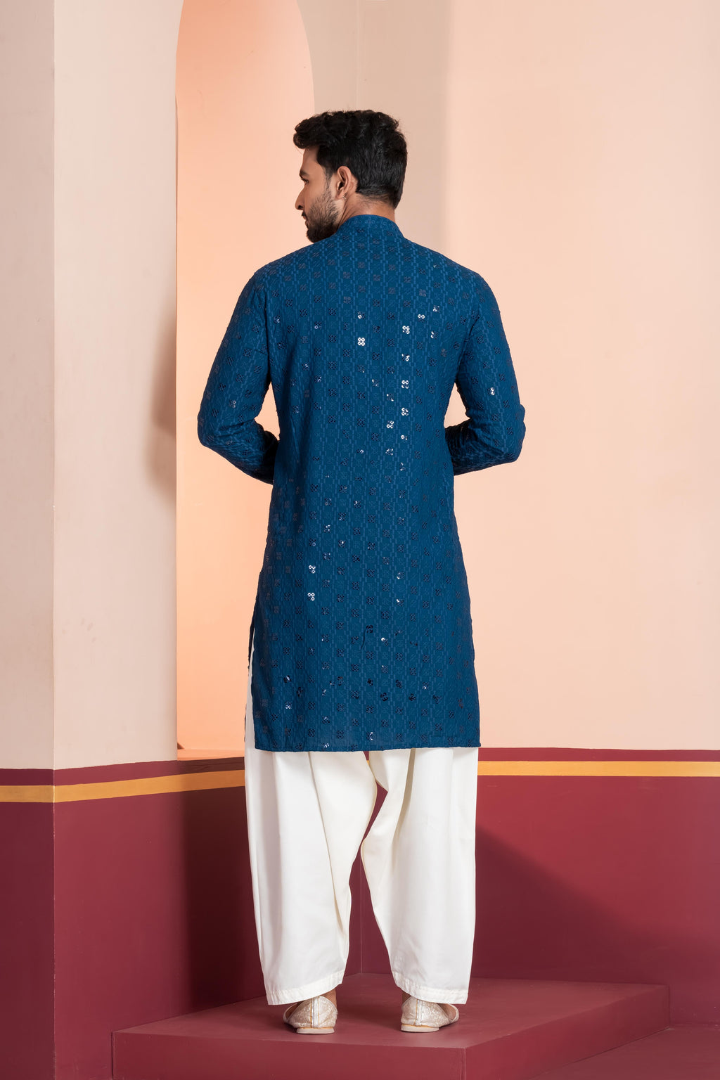 Zavaya Men Blue Embroidery Cotton Blend Kurta Patiala Set | Grocsy