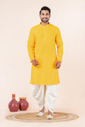 Zavaya Men Yellow Embroidery Cotton Blend Kurta Dhoti Set | Grocsy