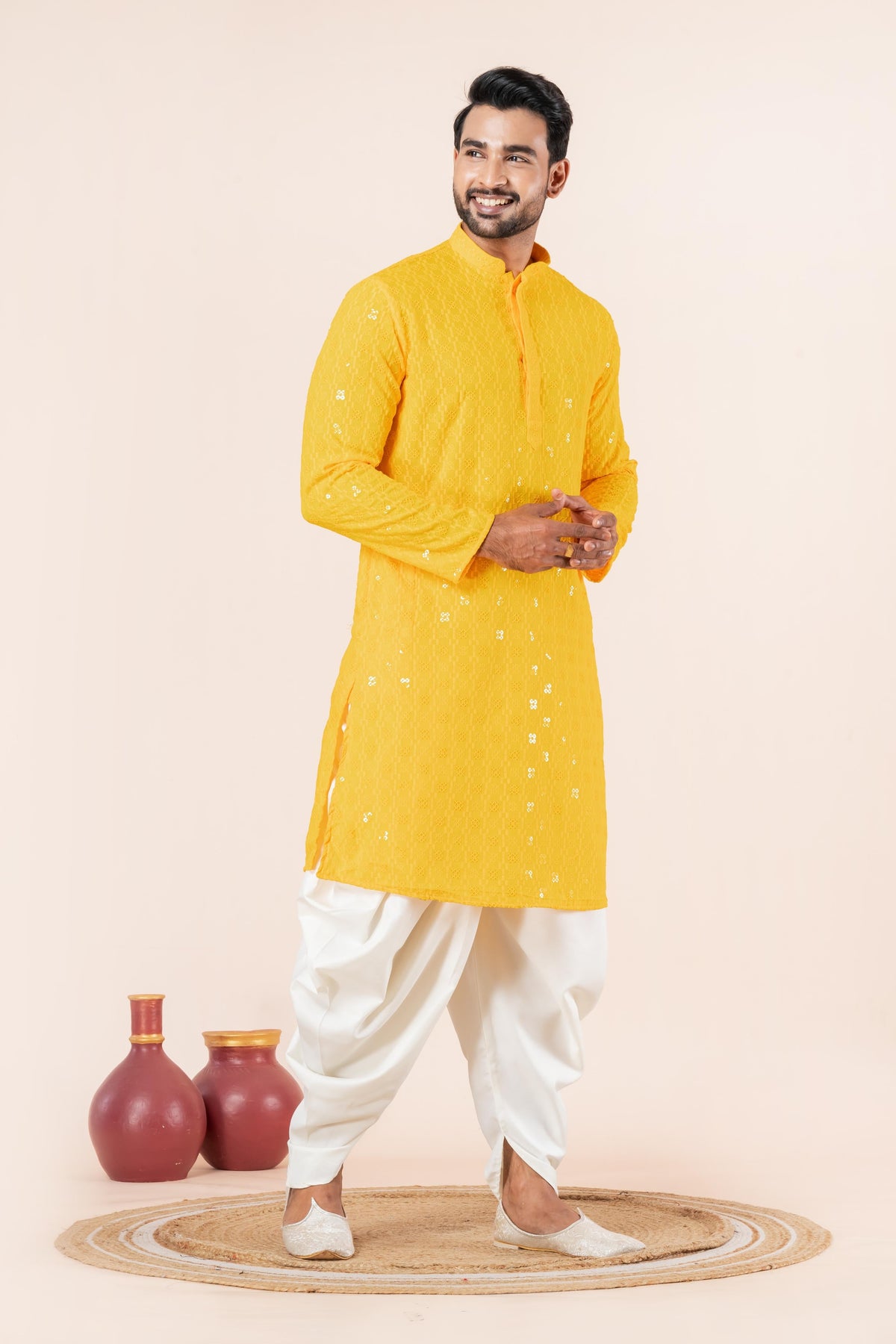 Zavaya Men Yellow Embroidery Cotton Blend Kurta Dhoti Set | Grocsy