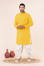 Zavaya Men Yellow Embroidery Cotton Blend Kurta Dhoti Set | Grocsy