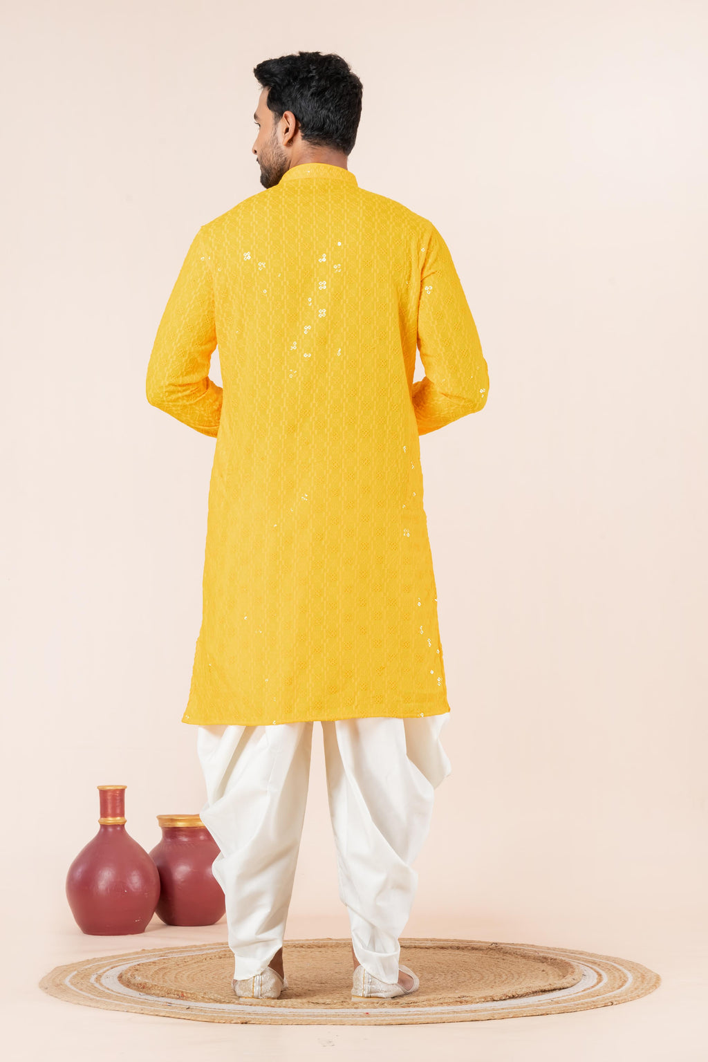 Zavaya Men Yellow Embroidery Cotton Blend Kurta Dhoti Set | Grocsy