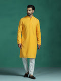 Zavaya Men Yellow Embroidery Cotton Blend Kurta Pyjama Set | Grocsy