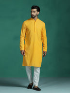 Zavaya Men Yellow Embroidery Cotton Blend Kurta Pyjama Set | Grocsy