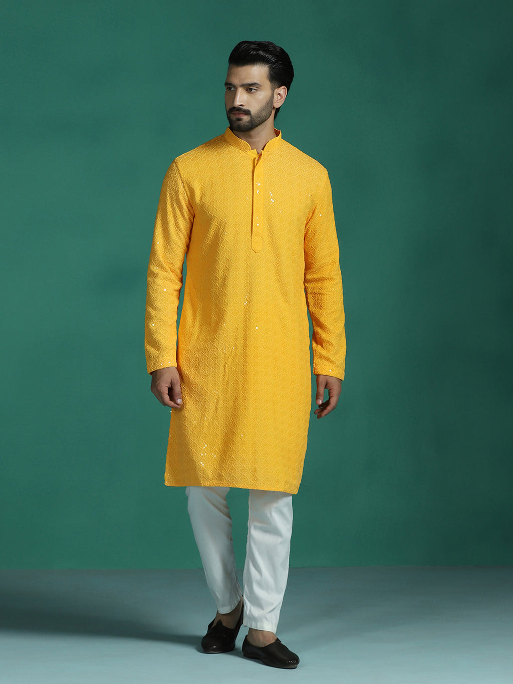Zavaya Men Yellow Embroidery Cotton Blend Kurta | Grocsy