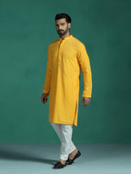 Zavaya Men Yellow Embroidery Cotton Blend Kurta | Grocsy