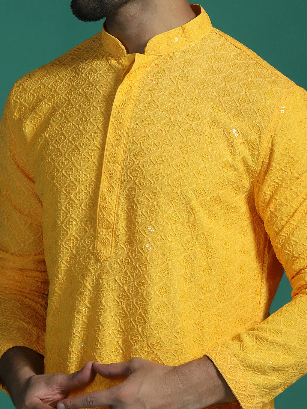 Zavaya Men Yellow Embroidery Cotton Blend Kurta Pyjama Set | Grocsy