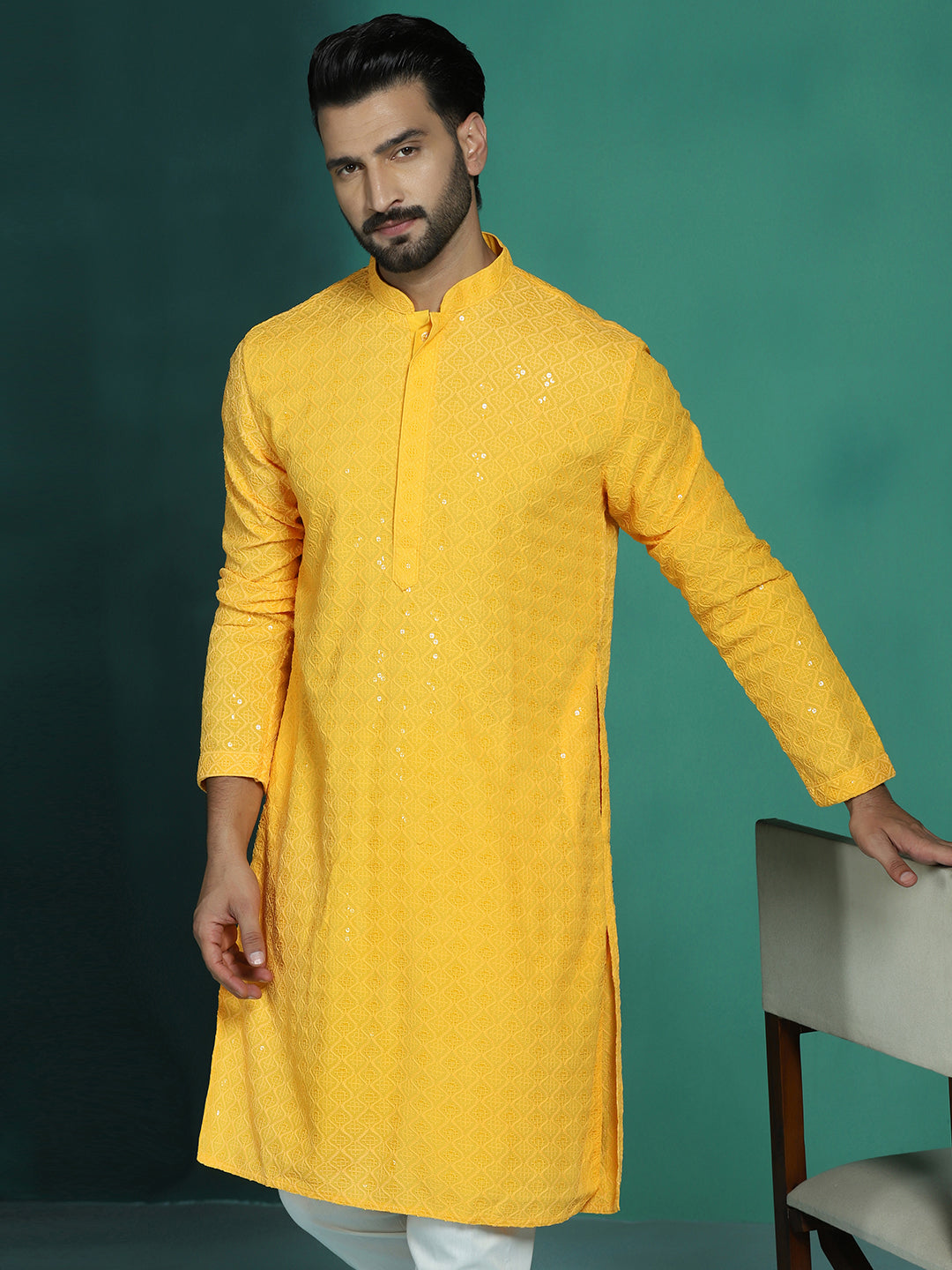 Zavaya Men Yellow Embroidery Cotton Blend Kurta Pyjama Set | Grocsy