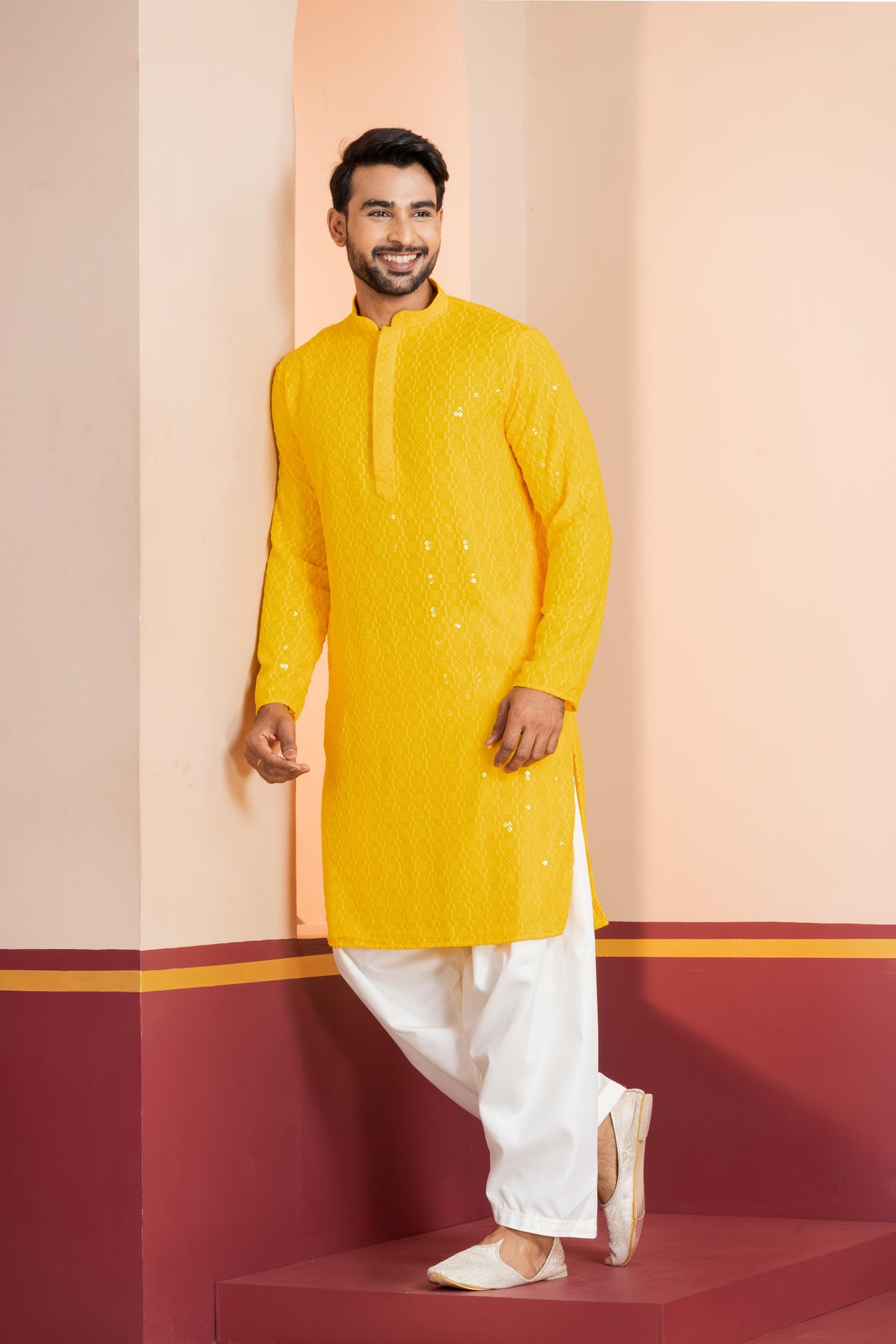 Zavaya Men Yellow Embroidery Cotton Blend Kurta Patiala Set | Grocsy