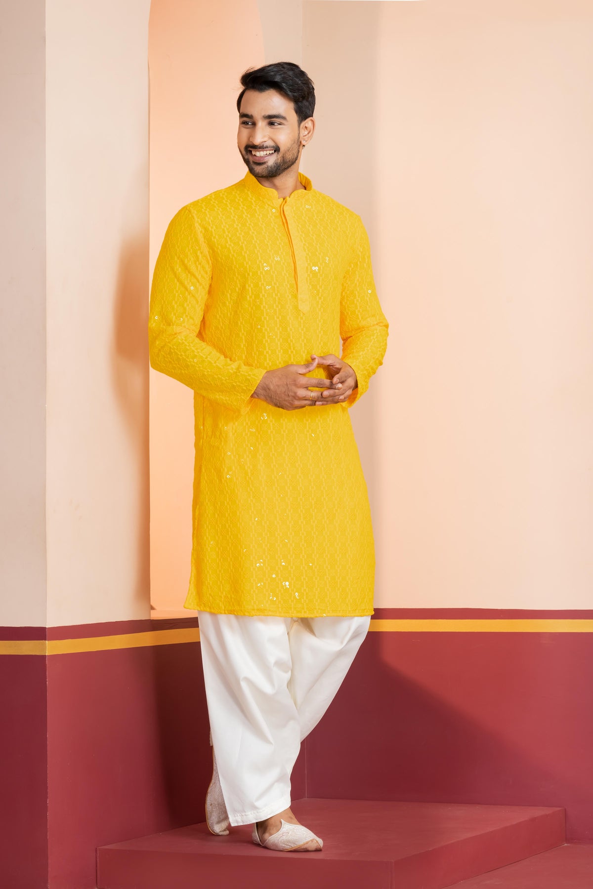 Zavaya Men Yellow Embroidery Cotton Blend Kurta Patiala Set | Grocsy