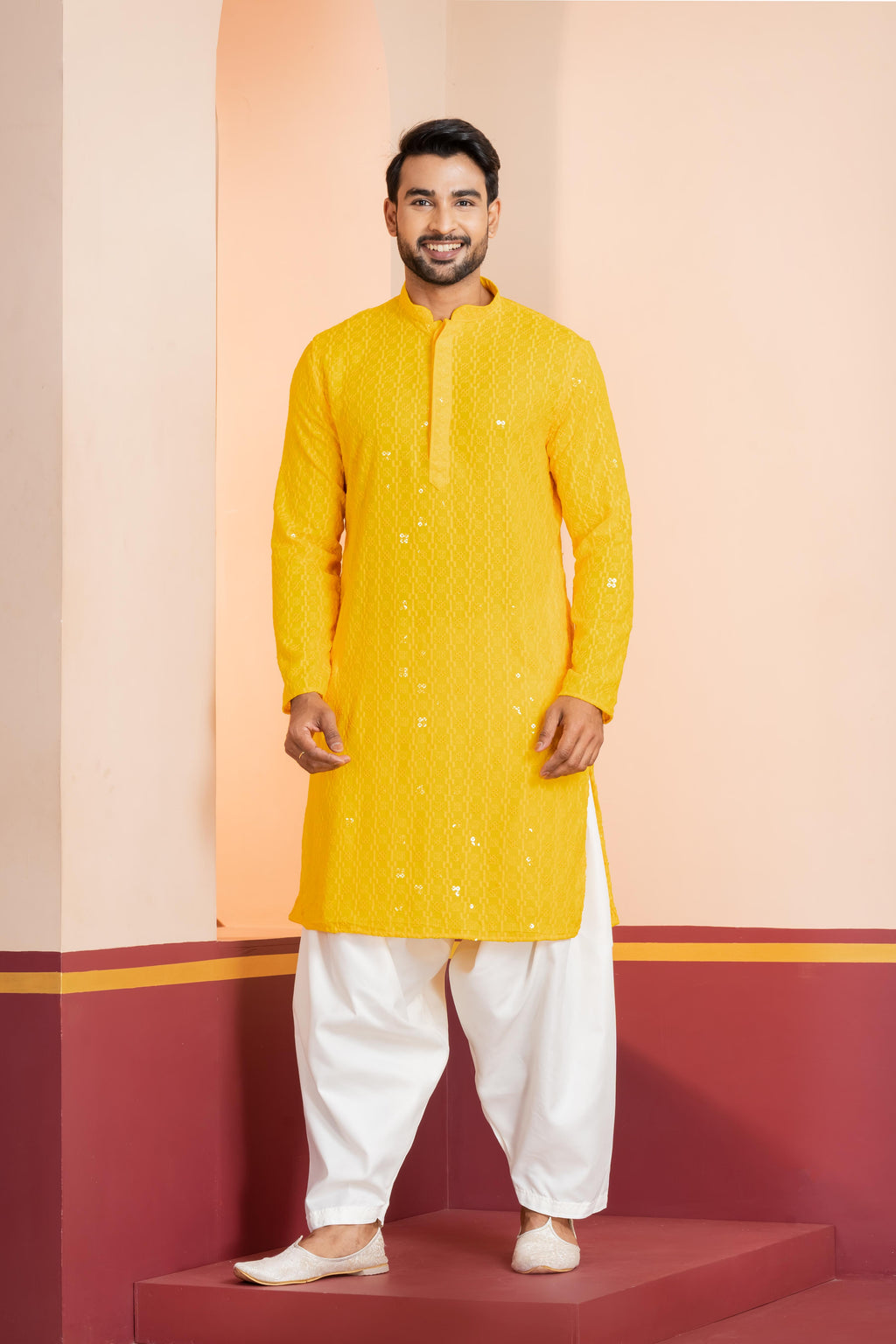 Zavaya Men Yellow Embroidery Cotton Blend Kurta Patiala Set | Grocsy