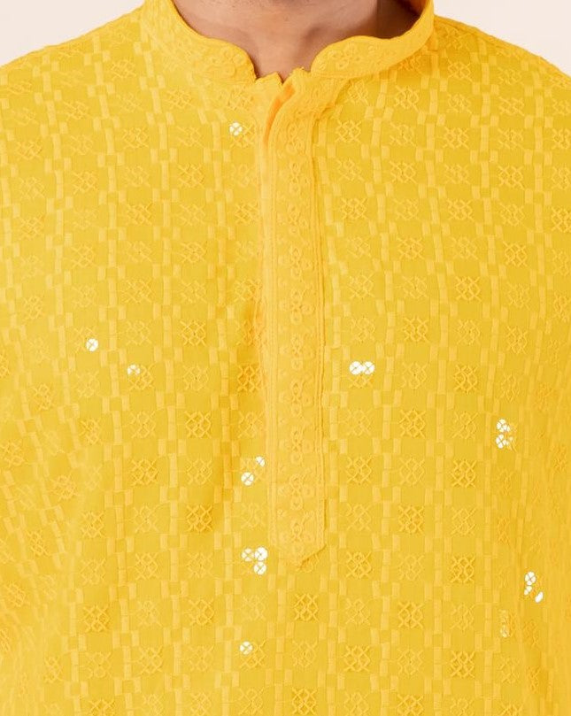 Zavaya Men Yellow Embroidery Cotton Blend Kurta Patiala Set | Grocsy