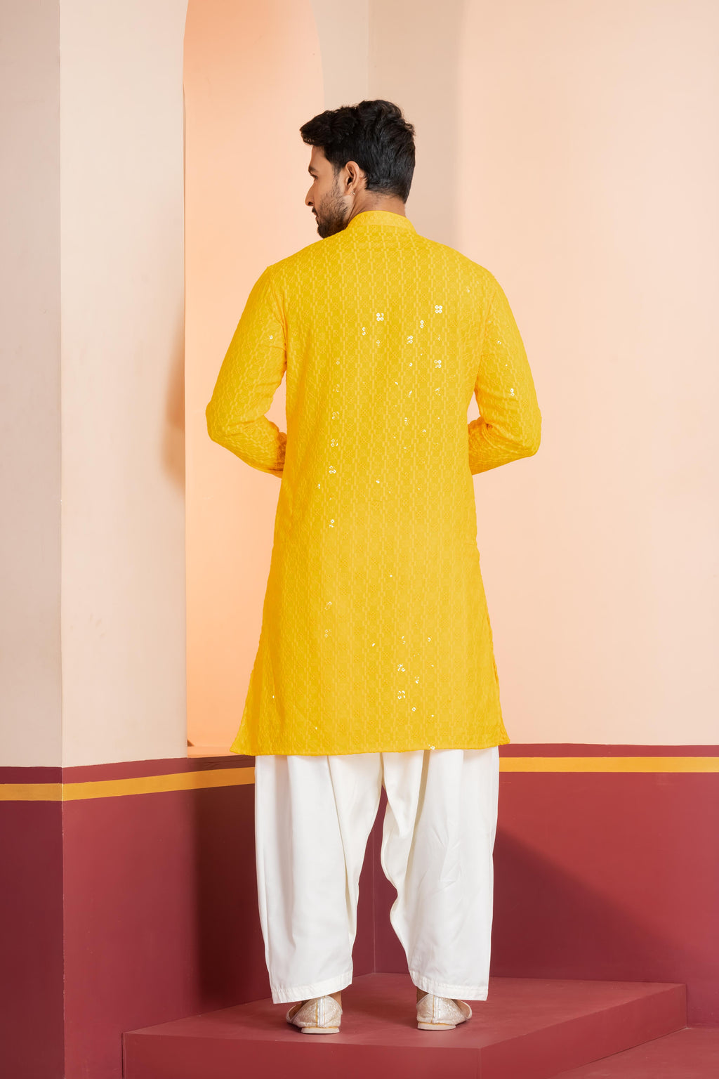 Zavaya Men Yellow Embroidery Cotton Blend Kurta Patiala Set | Grocsy