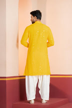 Zavaya Men Yellow Embroidery Cotton Blend Kurta Patiala Set | Grocsy