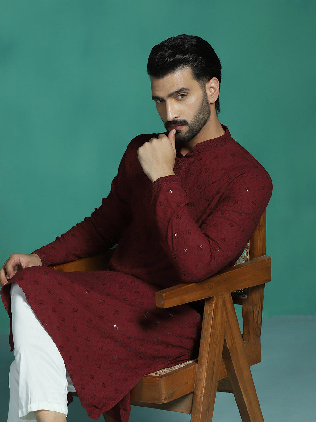 Zavaya Men Red Embroidery Cotton Blend Kurta | Grocsy