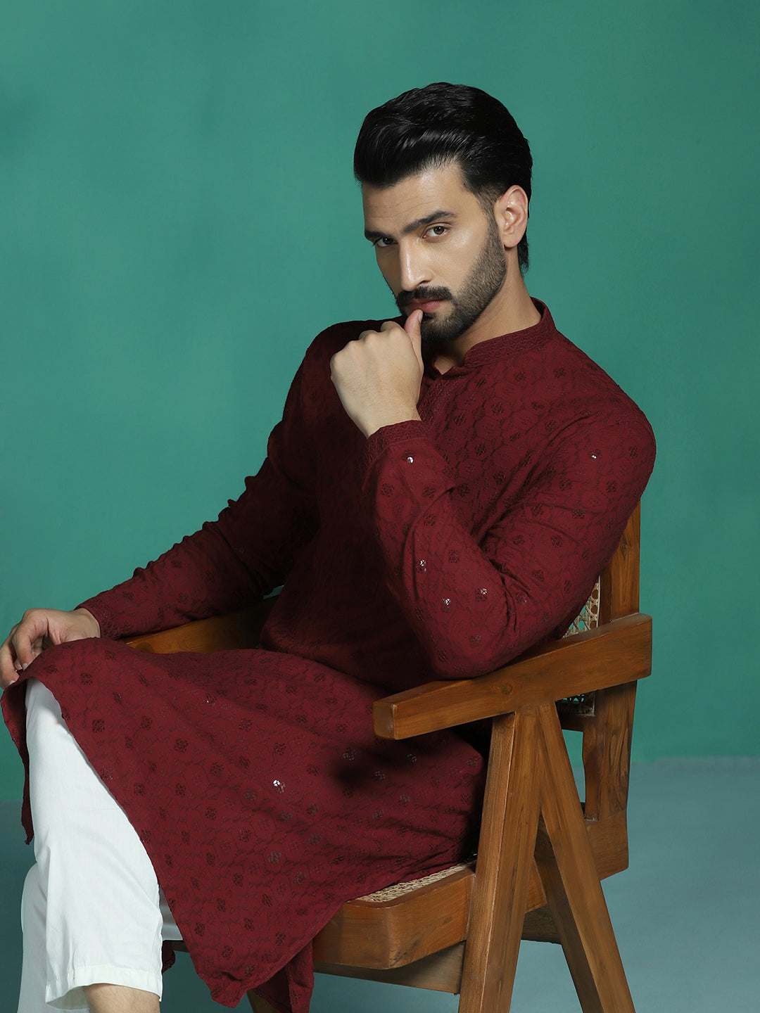 Zavaya Men Red Embroidery Cotton Blend Kurta | Grocsy