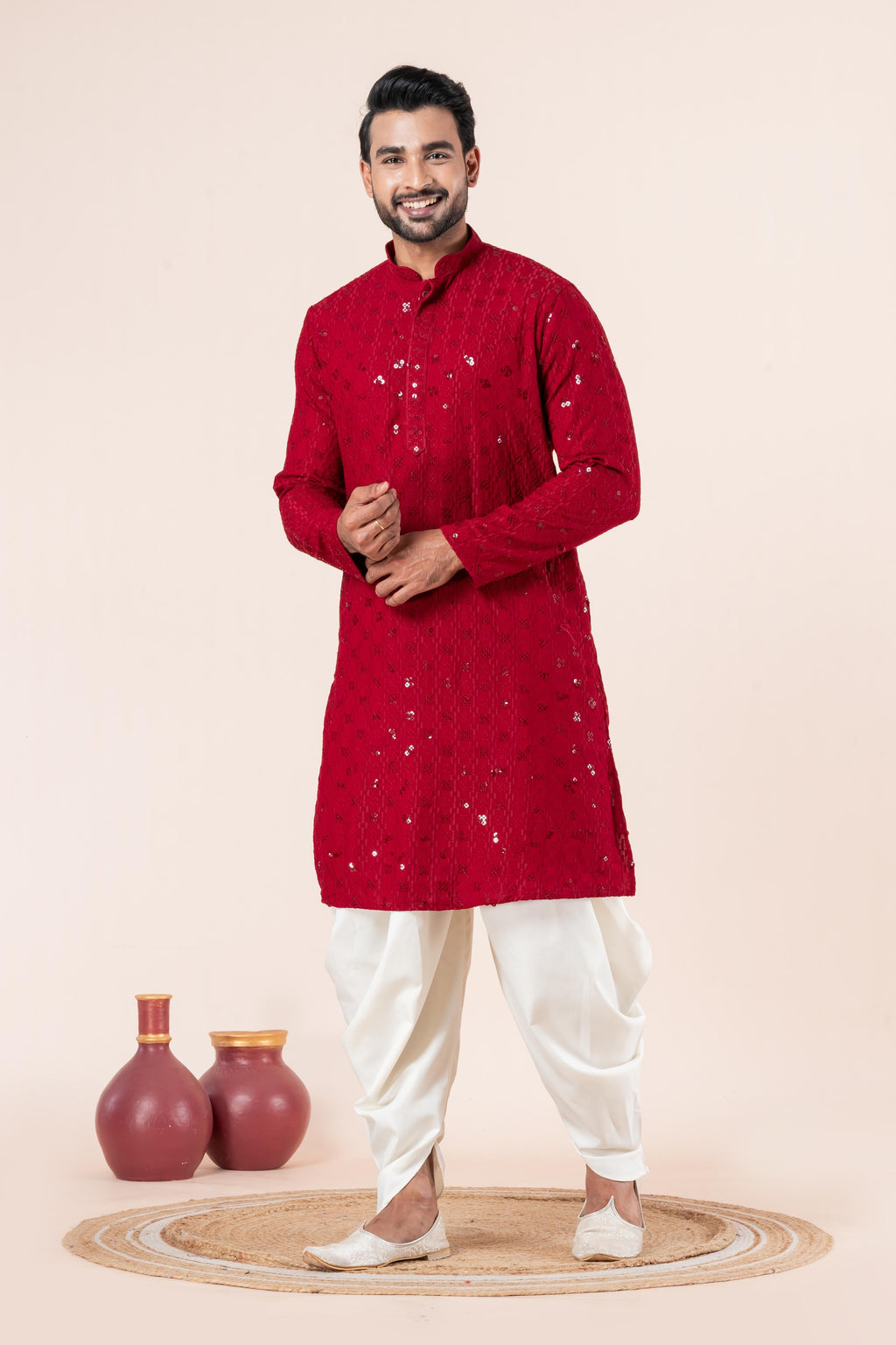 Zavaya Men Red Embroidery Cotton Blend Kurta Dhoti Set | Grocsy