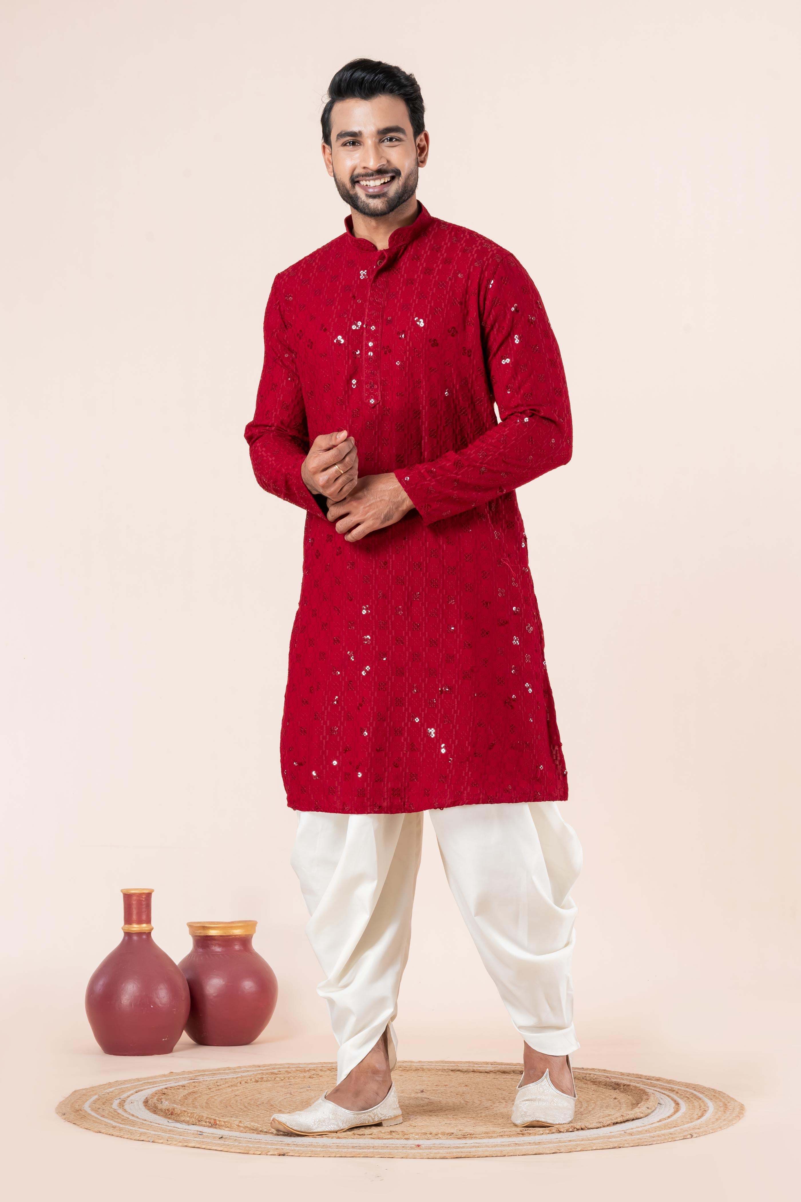 Zavaya Men Red Embroidery Cotton Blend Kurta Dhoti Set | Grocsy