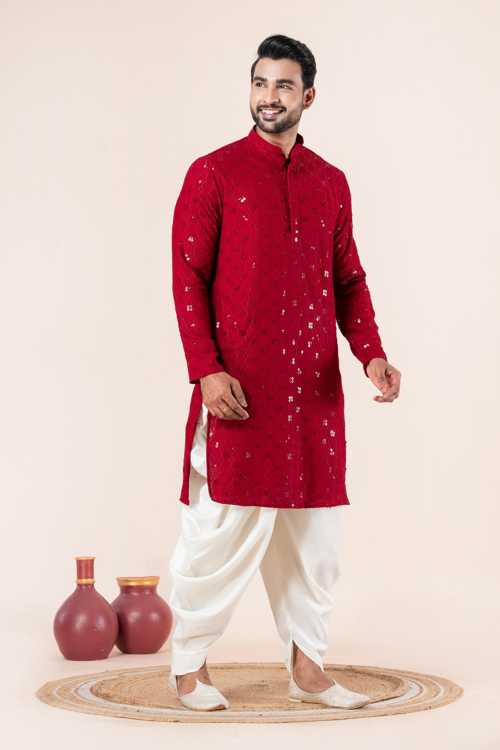 Zavaya Men Red Embroidery Cotton Blend Kurta Dhoti Set | Grocsy