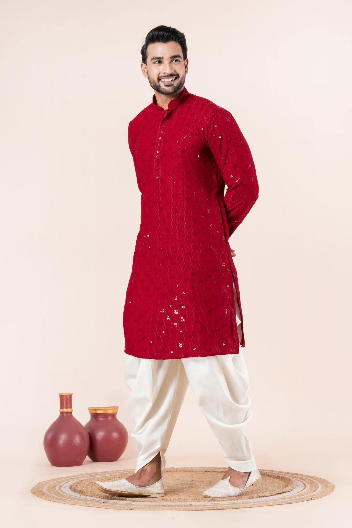 Zavaya Men Red Embroidery Cotton Blend Kurta Dhoti Set | Grocsy
