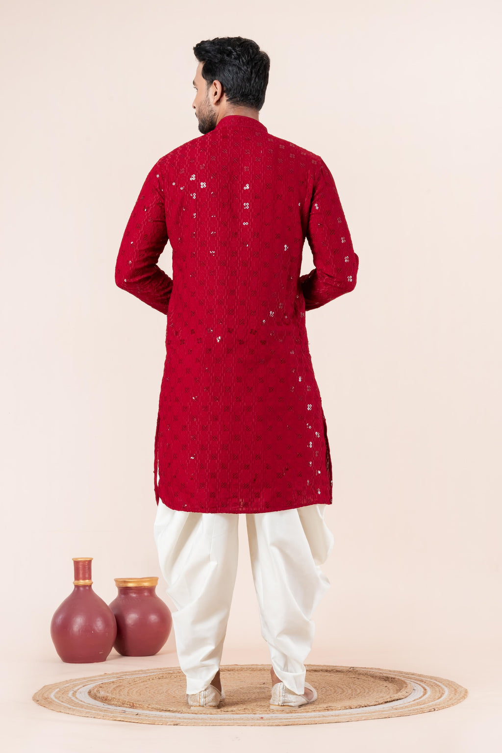 Zavaya Men Red Embroidery Cotton Blend Kurta Dhoti Set | Grocsy