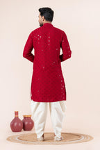 Zavaya Men Red Embroidery Cotton Blend Kurta Dhoti Set | Grocsy