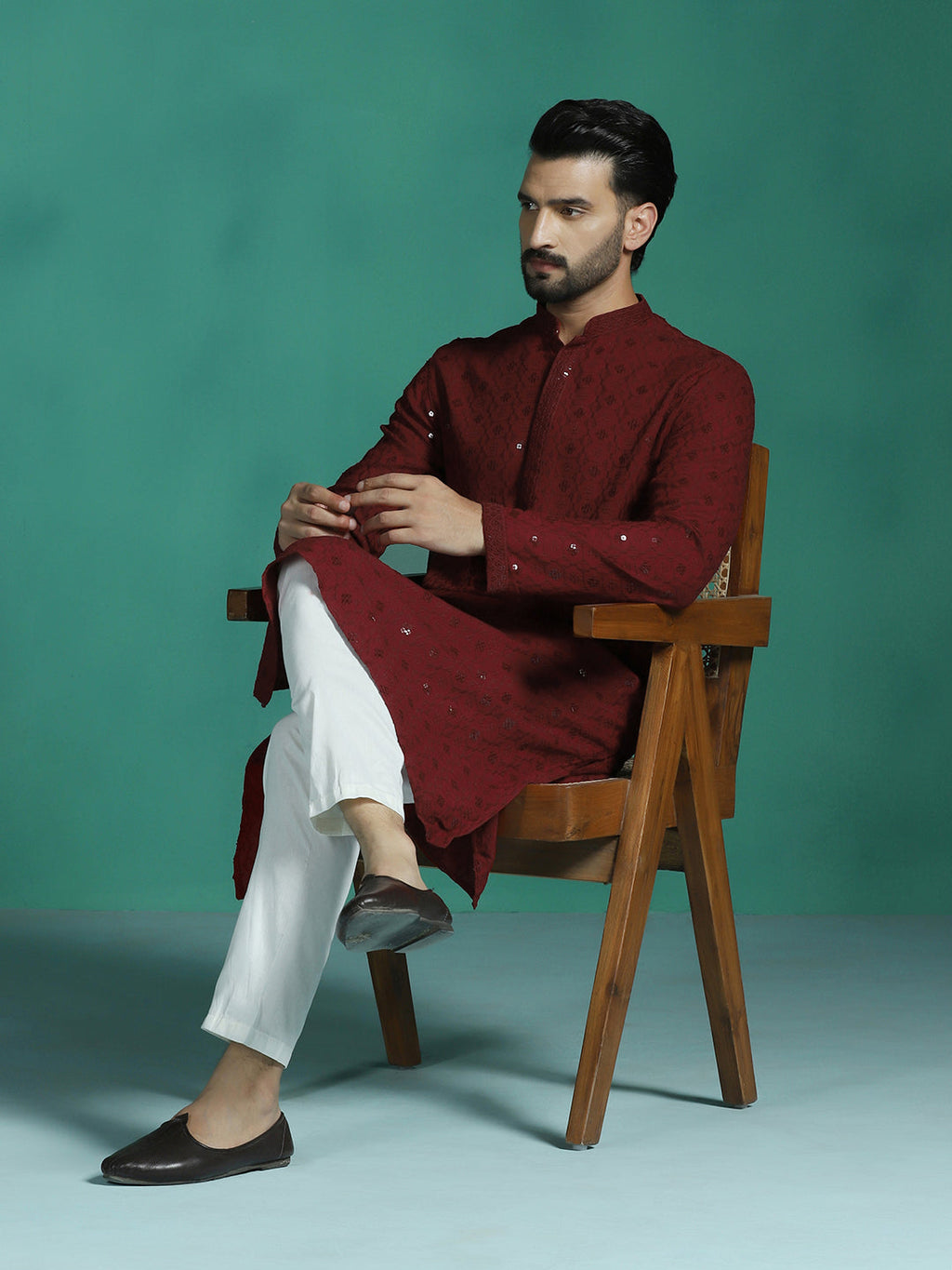 Zavaya Men Red Embroidery Cotton Blend Kurta Pyjama Set | Grocsy