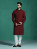Zavaya Men Red Embroidery Cotton Blend Kurta | Grocsy
