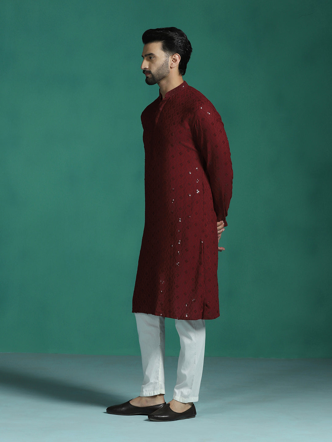 Zavaya Men Red Embroidery Cotton Blend Kurta | Grocsy