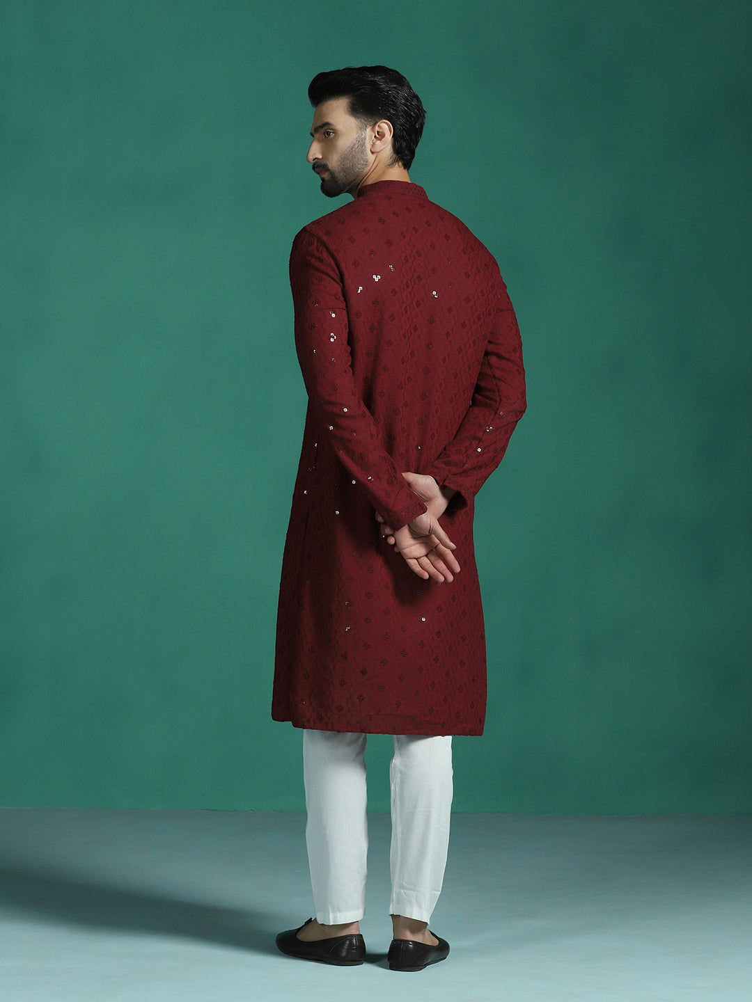 Zavaya Men Red Embroidery Cotton Blend Kurta | Grocsy