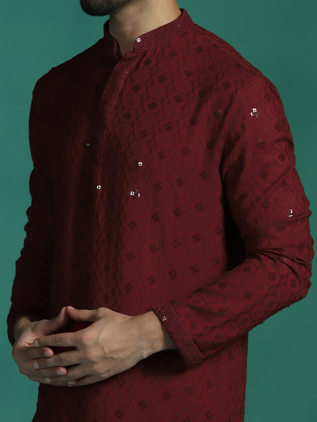 Zavaya Men Red Embroidery Cotton Blend Kurta | Grocsy