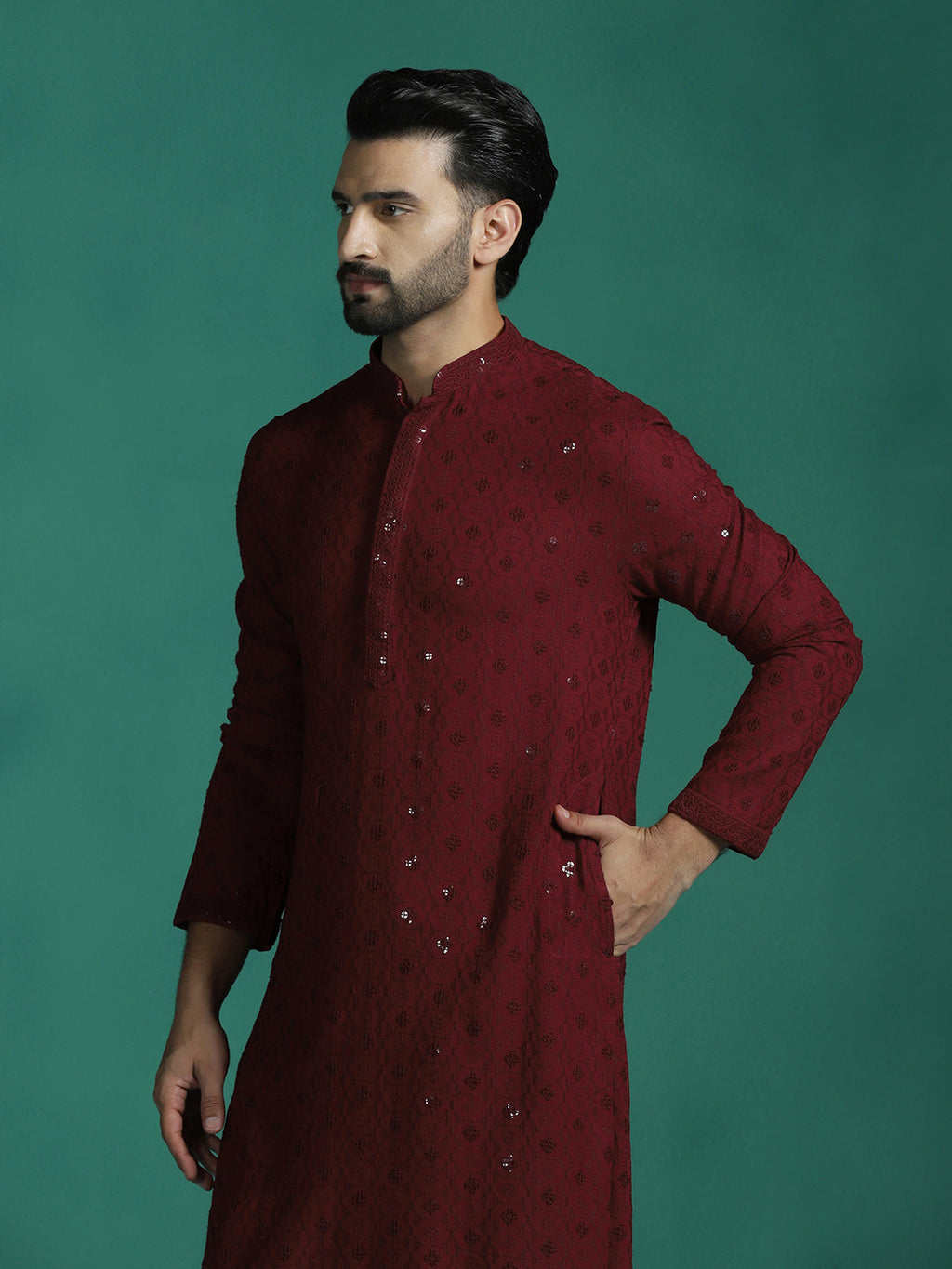 Zavaya Men Red Embroidery Cotton Blend Kurta Pyjama Set | Grocsy