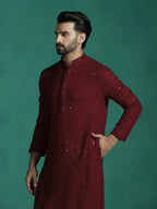 Zavaya Men Red Embroidery Cotton Blend Kurta Pyjama Set | Grocsy